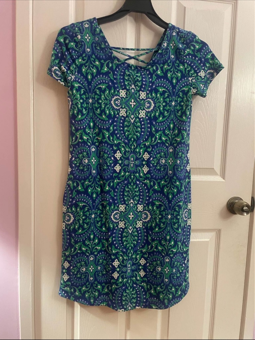 Talbots Blue and Green Short Sleeve Crisscross Neck Dress